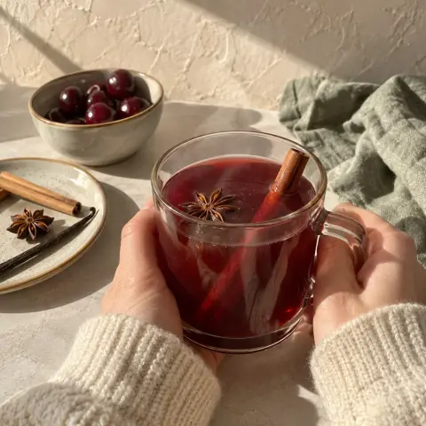 KI-generiertes Symbolbild: Rezept für Kirsch-Kinderpunsch mit Sternanis, Zimt und Vanille