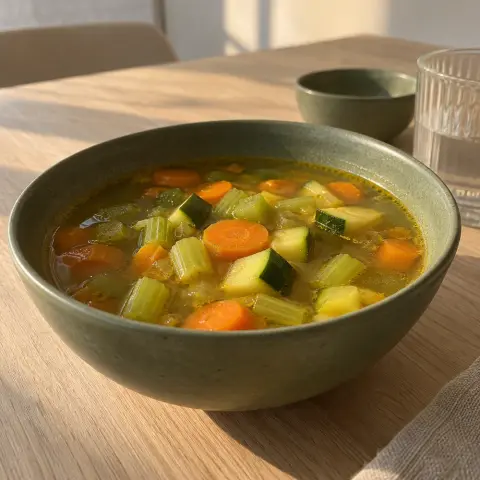 KI-generiertes Symbolbild: Rezept für Low-Carb Knochenbrühe-Gemüsesuppe mit Kurkuma