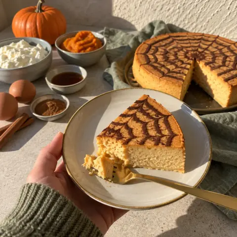 KI-generiertes Symbolbild: Desserts und Familienfreundlich Rezept für Kürbis-Käsekuchen ohne Boden mit Spinnennetz