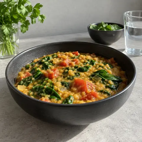 KI-generiertes Symbolbild: Omega-3 & Gemüse und Basisch Rezept für Veganer Kurkuma-Linsen-Eintopf mit Spinat