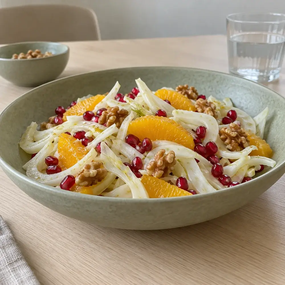 KI-generiertes Symbolbild: Veganer Fenchel-Orangen-Salat mit Granatapfel