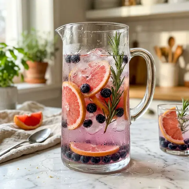 KI-generiertes Symbolbild: Veganes Grapefruit-Heidelbeer-Wasser mit Rosmarin