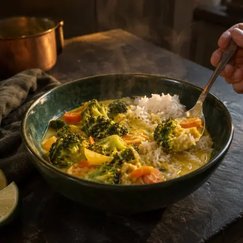 KI-generiertes Symbolbild: Kuhmilchfrei und Glutenfrei Rezept für Veganes gelbes Thai-Curry mit Gemüse