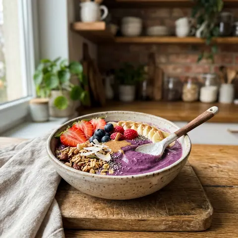 KI-generiertes Symbolbild: Rezept für Veganes Lila Süßkartoffel-Açaí-Boot