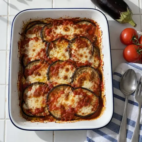 KI-generiertes Symbolbild: Rezept für Low-Carb Auberginen-Tomaten-Gratin
