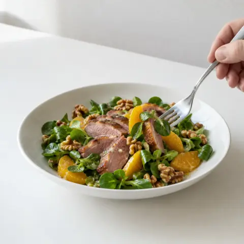 KI-generiertes Symbolbild: Rezept für Low-Carb Entensalat mit Orangen, Feldsalat und Walnüssen