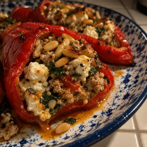KI-generiertes Symbolbild: Rezept für Low-Carb gefüllte Spitzpaprika mit Putenhack, Feta und Pinienkernen