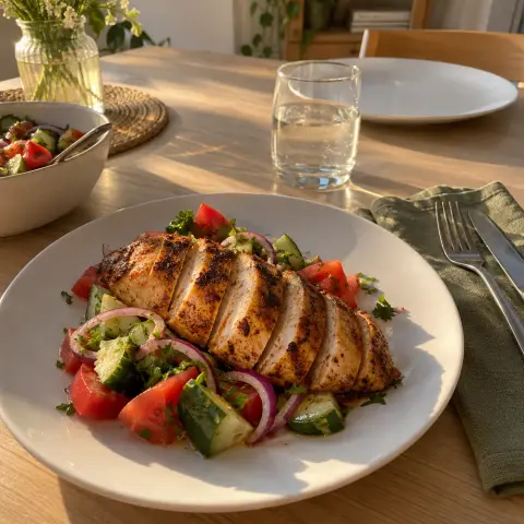 KI-generiertes Symbolbild: Viele Pflanzenstoffe und Wenig schnelle Kohlenhydrate Rezept für Low-Carb Hähnchenbrust aus dem Airfryer mit Tomaten-Gurken-Salat