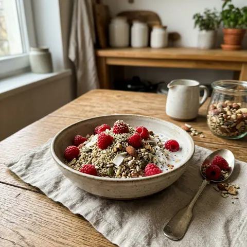 KI-generiertes Symbolbild: Eisen und Magnesium Rezept für Low-Carb Hanfsamen-Müsli mit Himbeeren