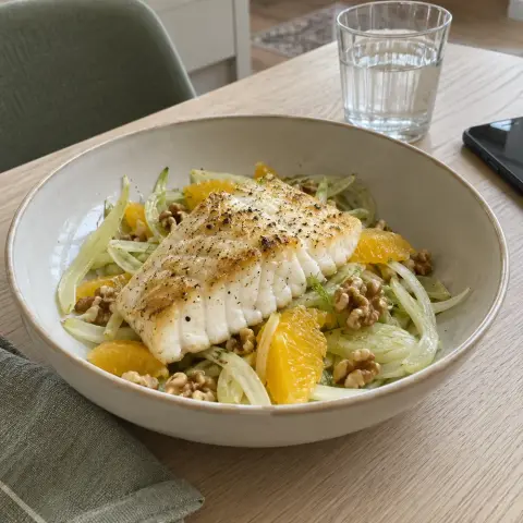 KI-generiertes Symbolbild: Rezept für Low-Carb Heilbutt auf Fenchel-Salat
