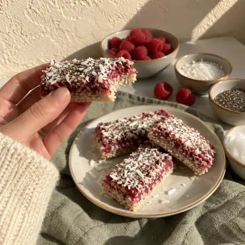 KI-generiertes Symbolbild: Rezept für Low-Carb Himbeer-Kokos-Riegel