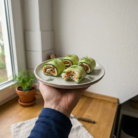 KI-generiertes Symbolbild: Rezept für Low-Carb Lachs-Gurken-Rollen