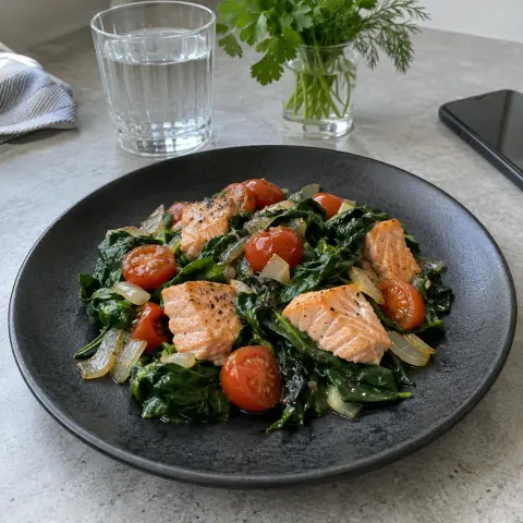 KI-generiertes Symbolbild: Rezept für Low-Carb Lachs-Pfanne mit Spinat