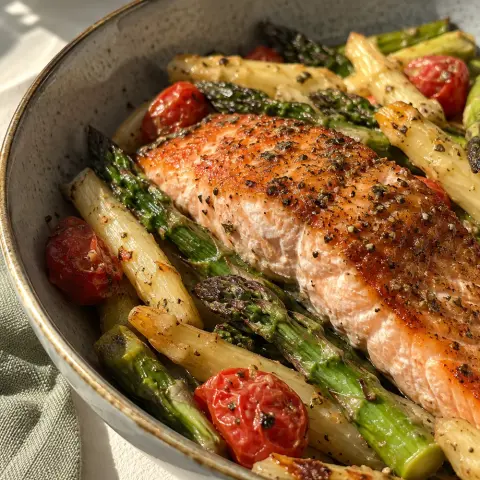 KI-generiertes Symbolbild: Rezept für Low-Carb Lachs-Spargel-Pfanne aus dem Ofen