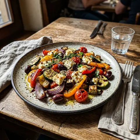 KI-generiertes Symbolbild: Calcium und Mediterran Rezept für Low-Carb mediterranes Röstgemüse mit Schafskäse