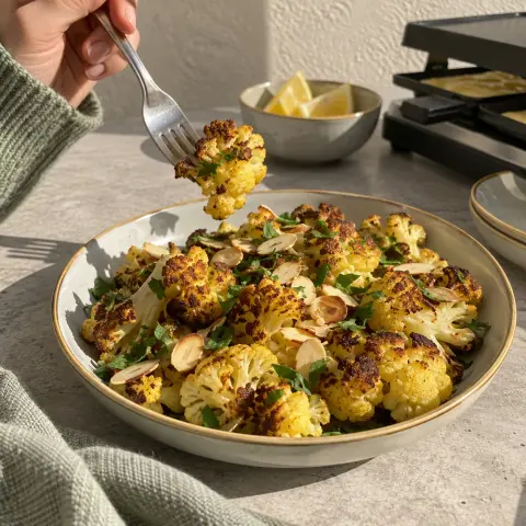 KI-generiertes Symbolbild: Abendessen und Low-Carb Rezept für Low-Carb Ofen-Blumenkohl statt Kartoffeln zum Raclette