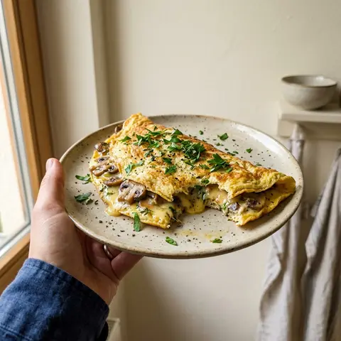 KI-generiertes Symbolbild: Rezept für Low-Carb Pilz-Käse-Omelett