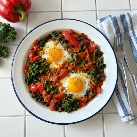 KI-generiertes Symbolbild: Rezept für Low-Carb Shakshuka mit Paprika, Grünkohl und Kurkuma