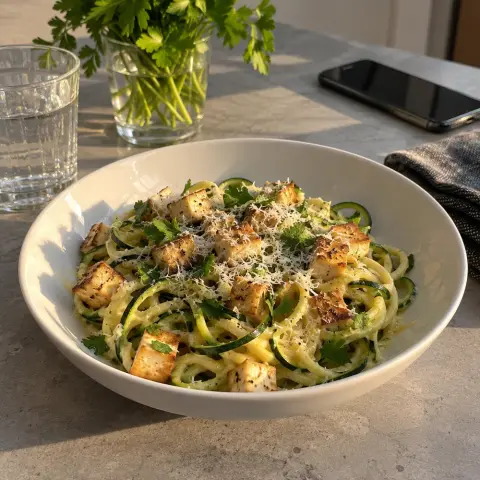 KI-generiertes Symbolbild: Rezept für Low-Carb Zoodle-Carbonara mit Räuchertofu und Ei