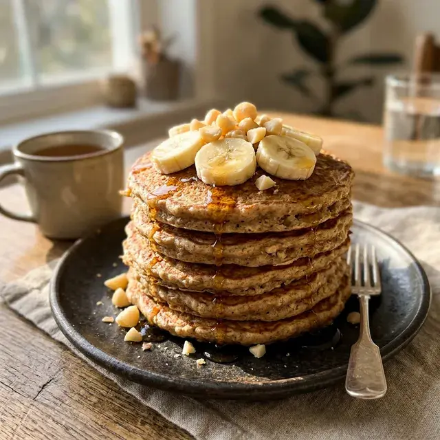 KI-generiertes Symbolbild: Low-FODMAP Hafer-Bananen-Pancakes mit Macadamia