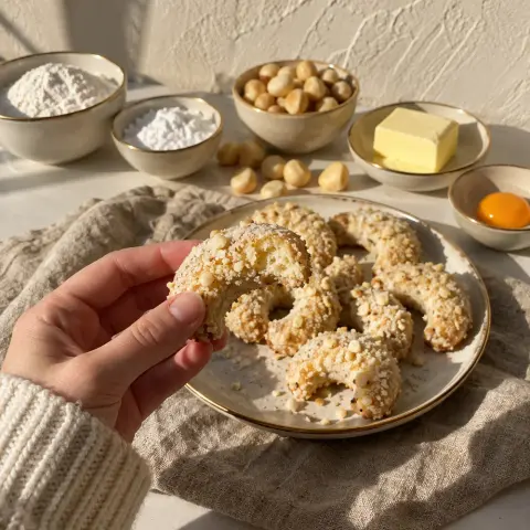 KI-generiertes Symbolbild: Rezept für Macadamia-Kipferl mit Reismehl und Ahornsirup