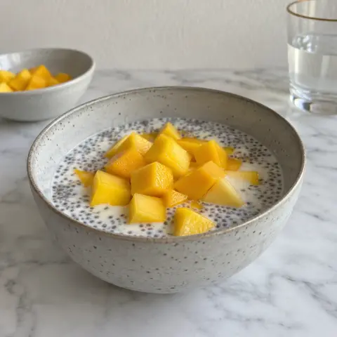 KI-generiertes Symbolbild: Kuhmilchfrei und Glutenfrei Rezept für Mango-Chia-Pudding mit Kokosjoghurt