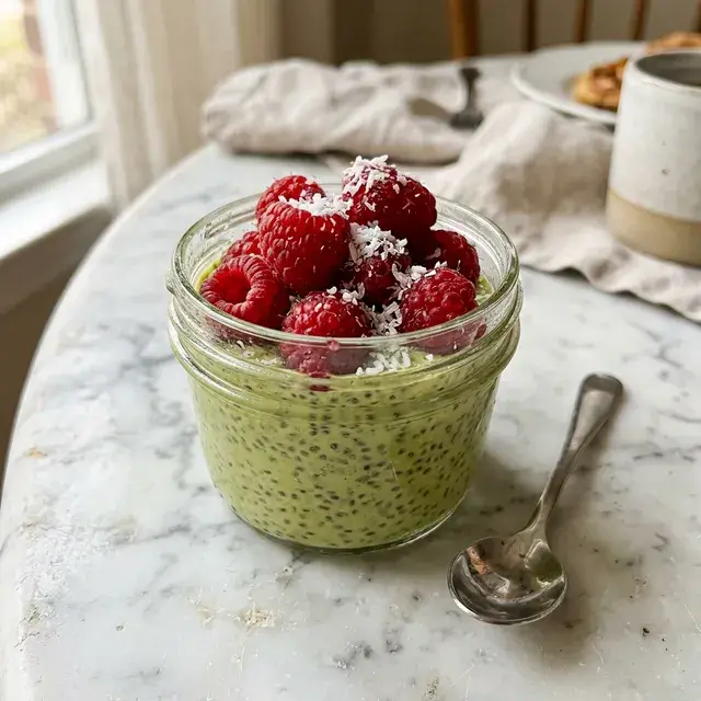 KI-generiertes Symbolbild: Matcha-Kokos-Chia-Pudding mit Himbeeren