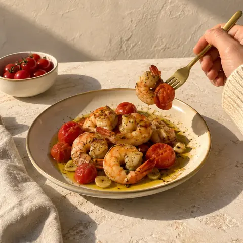KI-generiertes Symbolbild: Rezept für Mediterrane Garnelen-Knoblauch-Pfanne
