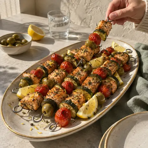 KI-generiertes Symbolbild: Snacks und Mediterran Rezept für Mediterrane Lachs-Spießchen mit Zitrone und Oregano für Silvester