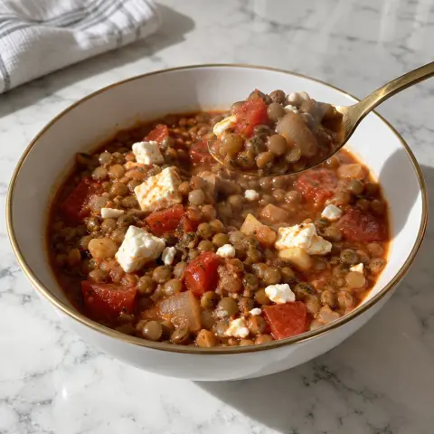 KI-generiertes Symbolbild: Rezept für High-Protein mediterraner Linsen-Eintopf mit Feta