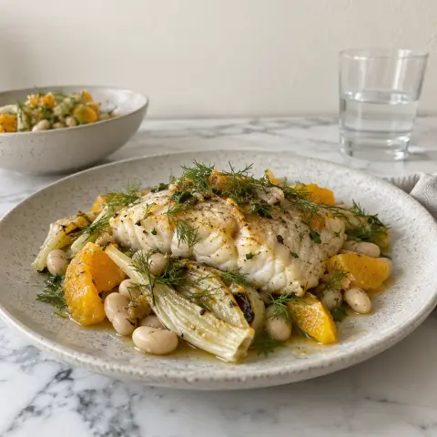 KI-generiertes Symbolbild: Abendessen und Mediterran Rezept für Mediterraner Ofen-Kabeljau mit Fenchel, Orange und Cannellini-Bohnen