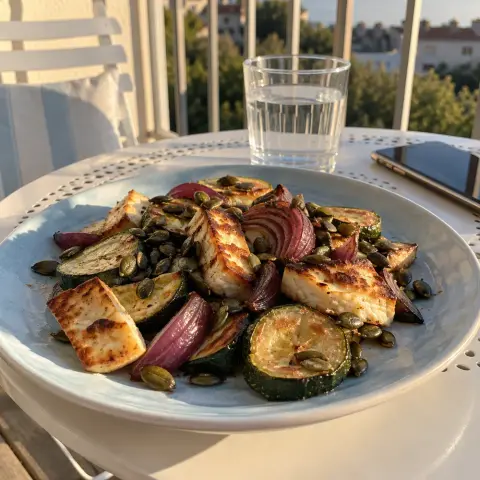 KI-generiertes Symbolbild: Omega-3 & Gemüse und Nährstoffdicht Rezept für Mediterranes Ofengemüse mit Halloumi und Kürbiskernen