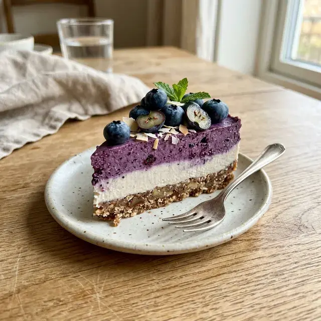 KI-generiertes Symbolbild: Veganer No-Bake Blaubeer-Cashew-Cheesecake
