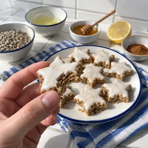 KI-generiertes Symbolbild: Rezept für Nussfreie Zimtsterne mit Sonnenblumenkernen und Honig