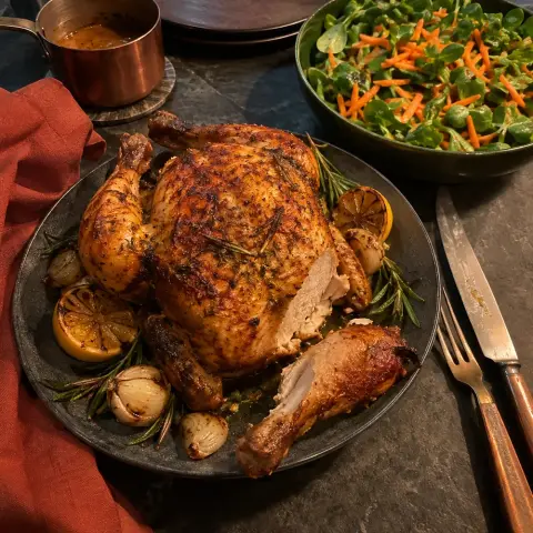KI-generiertes Symbolbild: Omega-3 & Gemüse und Viele Pflanzenstoffe Rezept für Paleo Brathähnchen aus dem Airfryer mit Zitrone und Rosmarin