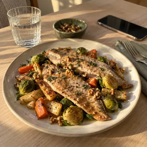 KI-generiertes Symbolbild: Abendessen und Paleo Rezept für Paleo Forelle vom Blech mit Rosenkohl, Pastinaken und Walnüssen