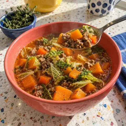 KI-generiertes Symbolbild: Rezept für Paleo Rinderhack-Eintopf mit Kürbis, Wirsing und Thymian