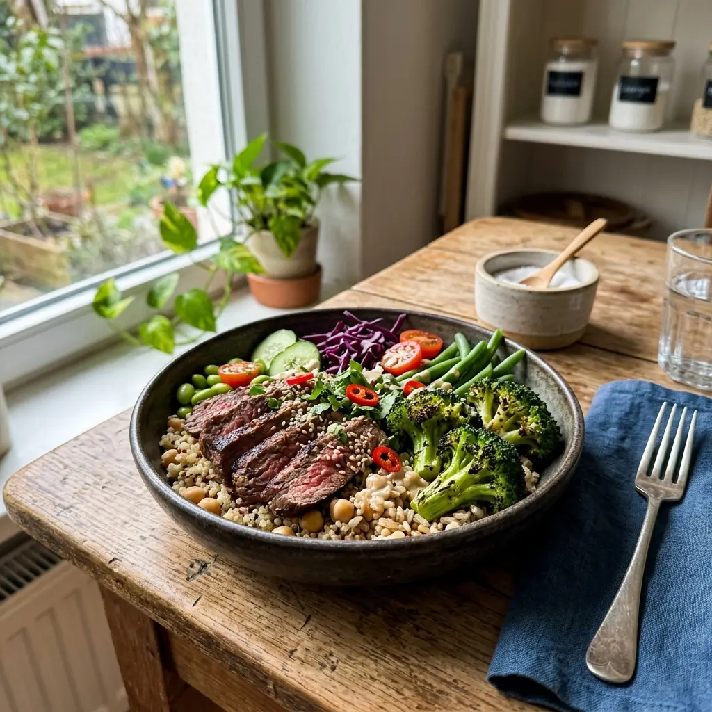 KI-generiertes Symbolbild: High-Protein Rindfleisch-Bowl mit Brokkoli