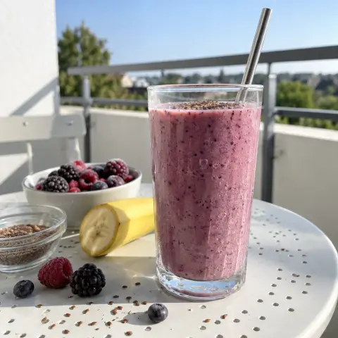 KI-generiertes Symbolbild: Rezept für Waldbeeren-Kefir-Smoothie mit Leinsamen