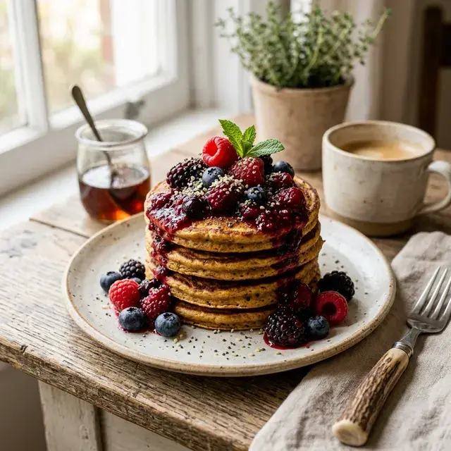 KI-generiertes Symbolbild: High-Protein Pancakes mit Beeren-Kompott