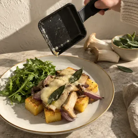 KI-generiertes Symbolbild: Abendessen und Familienfreundlich Rezept für Raclette-Pfännchen mit Polenta, Kräuterseitlingen und Salbei