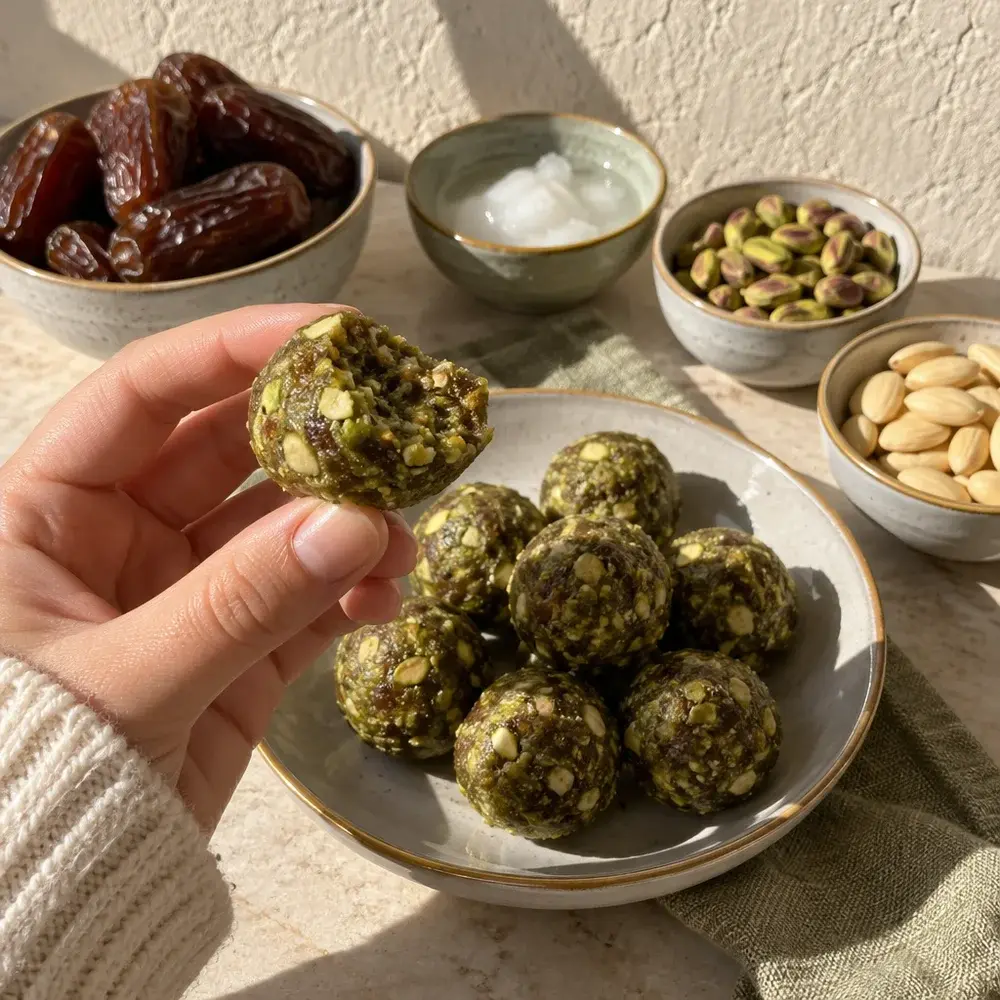 KI-generiertes Symbolbild: Vegane Raw Matcha-Energy-Bites mit Pistazien