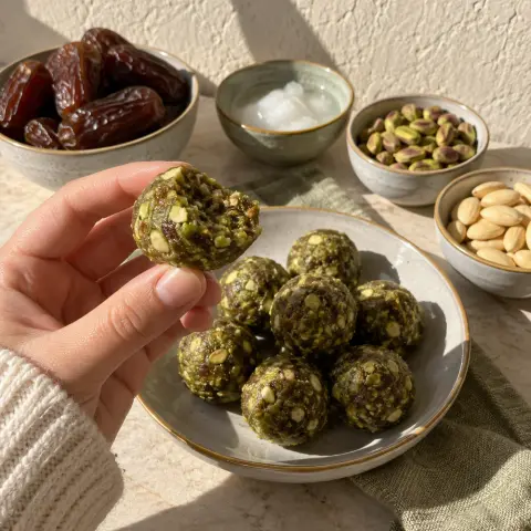 KI-generiertes Symbolbild: Rezept für Vegane Raw Matcha-Energy-Bites mit Pistazien