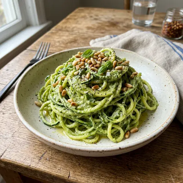 KI-generiertes Symbolbild: Vegane Raw Zoodles mit Avocado-Basilikum-Pesto