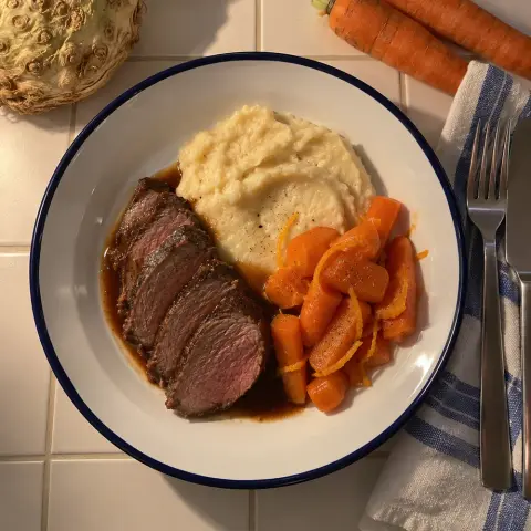 KI-generiertes Symbolbild: Rezept für Rehrücken mit Selleriepüree und Orangen-Möhren