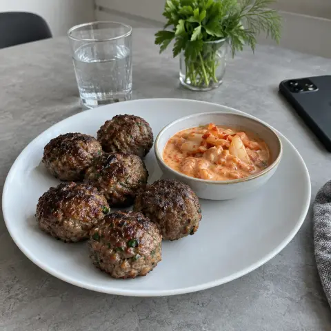 KI-generiertes Symbolbild: Rezept für Rinder-Hackbällchen mit Kimchi-Dip