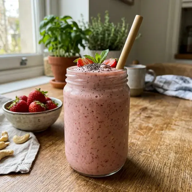 KI-generiertes Symbolbild: Rosa Erdbeer-Cashew-Smoothie