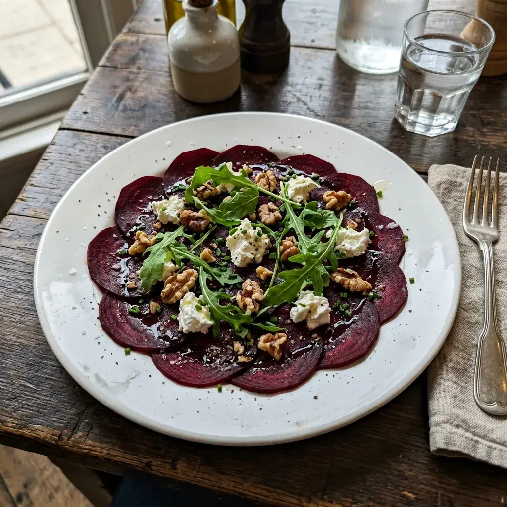 KI-generiertes Symbolbild: Rote Bete Carpaccio mit Walnüssen