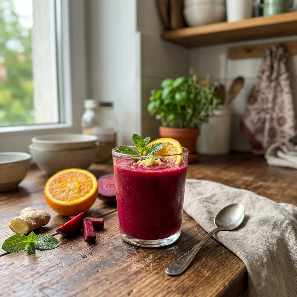 KI-generiertes Symbolbild: Glutenfreier Rote-Bete-Orangen-Saft mit Karotte
