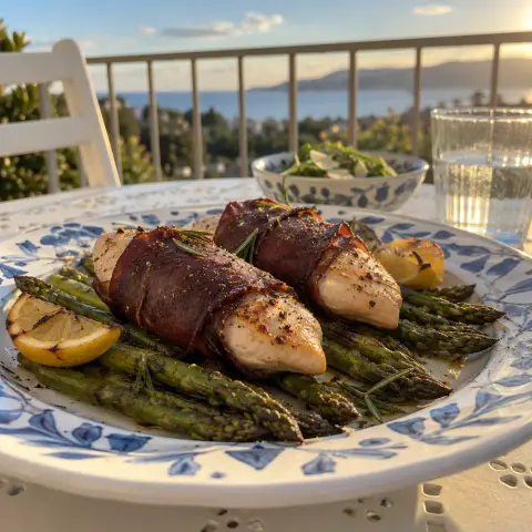 KI-generiertes Symbolbild: Rezept für Saftiges Hähnchen im Bresaola-Mantel auf grünem Spargel